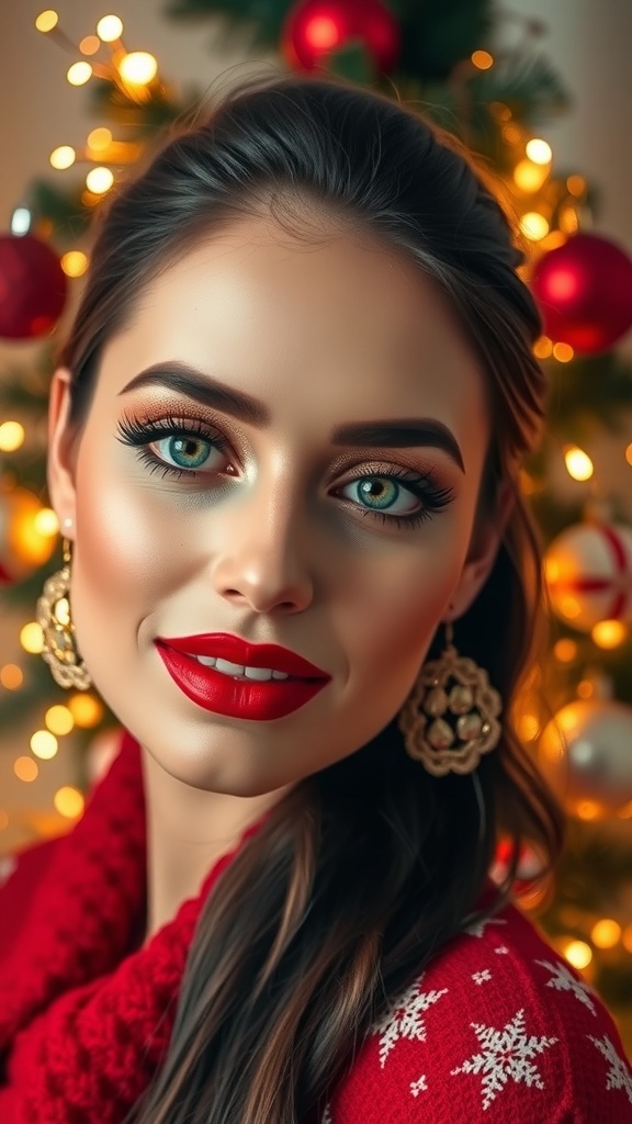 Festive Christmas Aesthetic Makeup Guide A festive Christmas makeup look with red lips and gold eyeshadow against a holiday-themed backdrop.